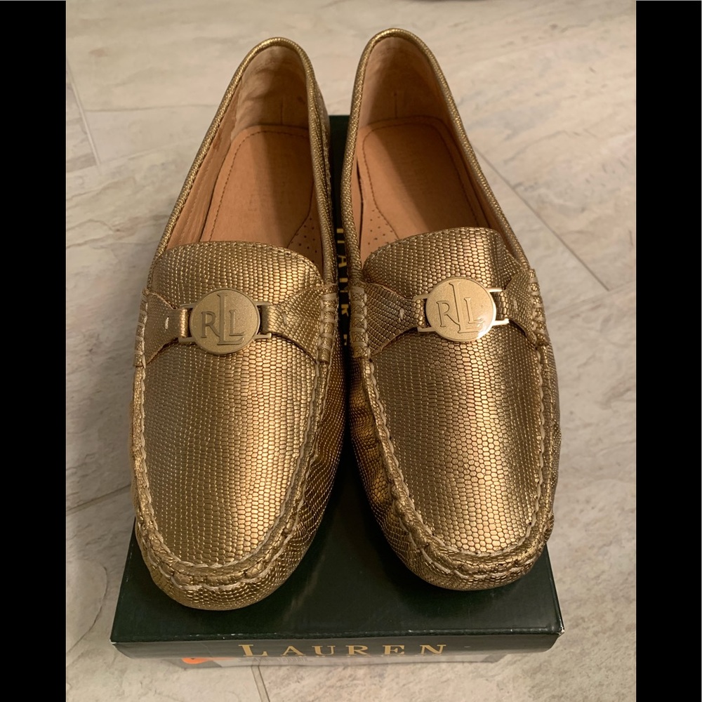 NIB Lauren Ralph Lauren Carley Antique Brass Metallic Embossed Lizard Design
